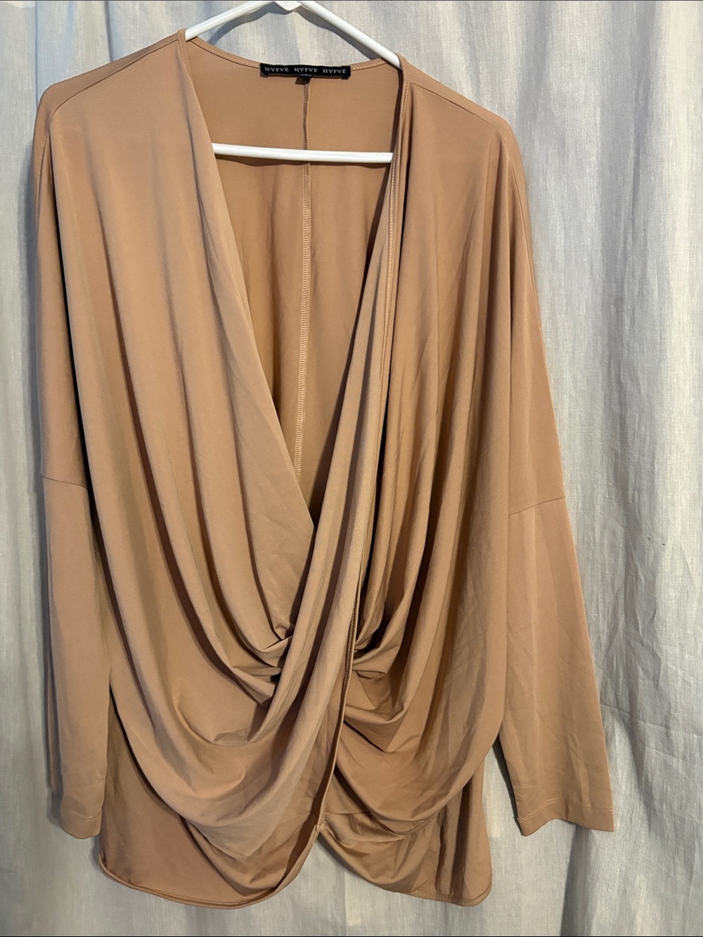 HYFVE Taupe Draped V-Neck Long Sleeve Blouse